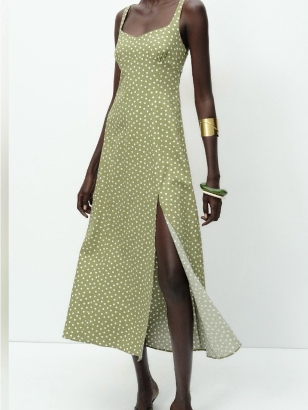 Zara Olive Green Polka Dot Maxi Dress with Side Slit - Large
